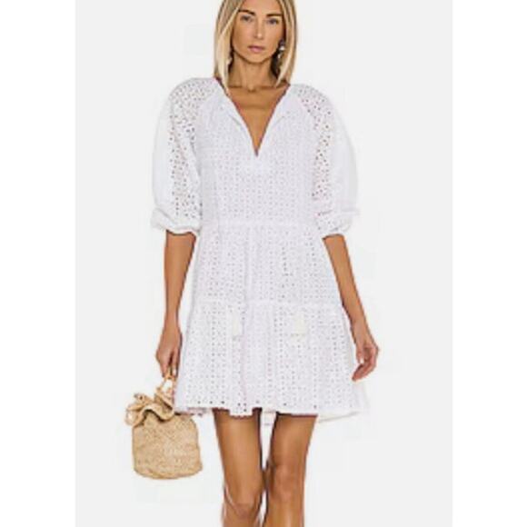 Karina Grimaldi Womens Irina Eyelet Mini Dress XS White Boho Tasseled Tiered - Picture 2 of 11